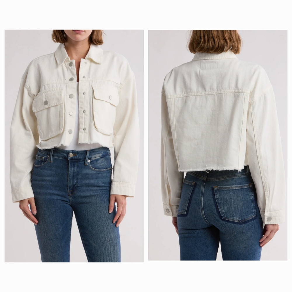 BLANKNYC Cargo Denim Crop Jacket, White, Women's Size Large (NWT)